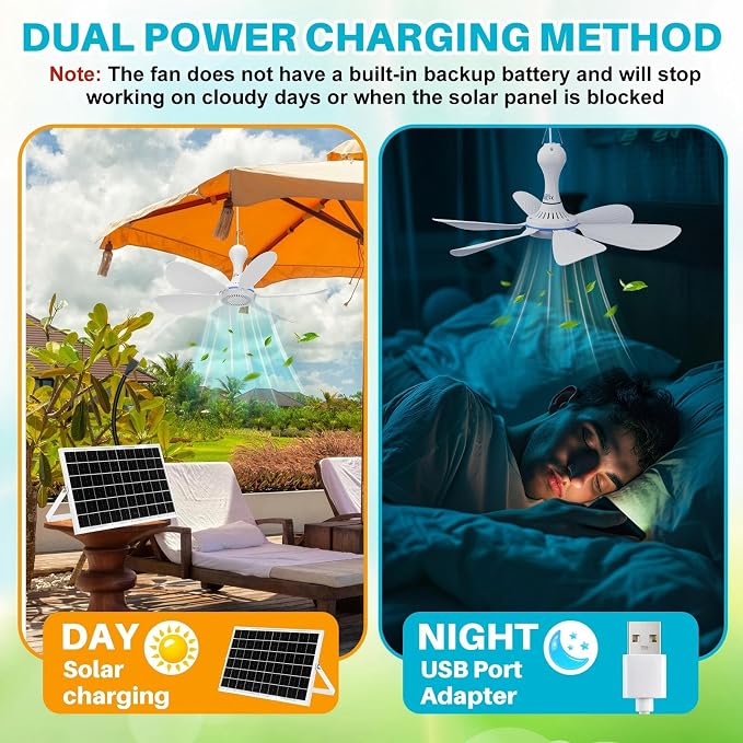 Tujoe 1 Set Solar Powered Ceiling Fan Kit for Outdoor,Portable 15W Solar Panel Powered USB Small Hanging Fan,Dual Charging Modes,for Chicken Coop, Tent,Greenhouse, Shed, Gazebo