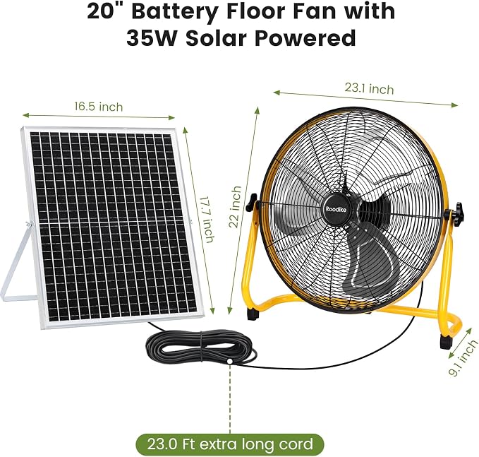 20" Solar Rechargeable Floor Fan, 35W Solar Powered Battery Operated Fans for Outdoor Garden Greenhouse Barn Stable Camping Garage Air Circulation Cooling