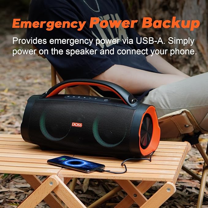 DOSS Extreme Boom Pro 100W Loud Outdoor Speaker, 2+2 Channel, IPX6 Waterproof, Bluetooth 5.3, 20H Playtime, Dynamic Lights, Portable Speaker for Camping, Beach, Pool, Working Outside - Orange