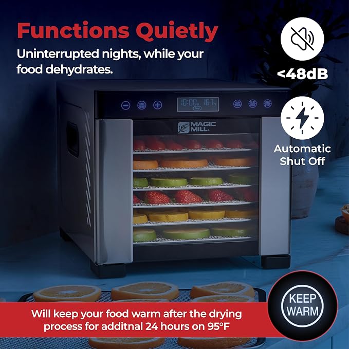Magic Mill Pro Food Dehydrator Machine | Powerful 600W Rear Fan Even-Drying System | 7 Full-Size Stainless Steel Trays | 95°-176° Temperature Control, 48H Timer, Keep Warm + Auto Shutoff | ETL Listed