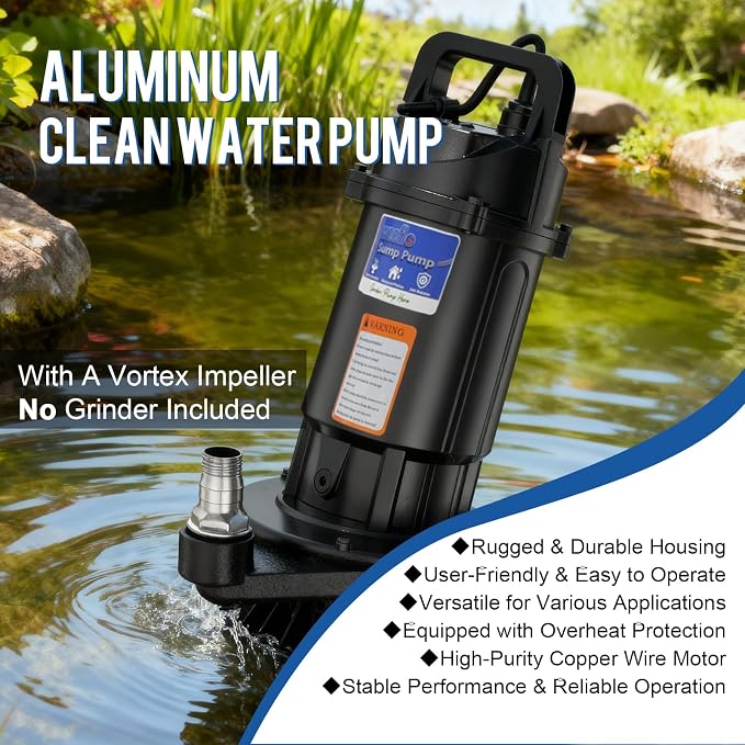 1.0HP Submersible Sump Pump, Automatic Water Pump w/ 4200 GPH High Flow, 18ft Max Head, for Dirty Water Removal, Flooded Basement, Swimming Pool Cover, Hot Tubs, Aluminum (1HP/28FT)