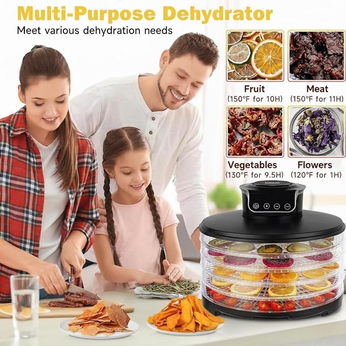 Food Dehydrator DryLite 245 – 5 Tray Adjustable, BPA-Free – 4-Hour Quick Drying, Even Heat, Easy Temp Control – Fruit, Veggie, Meat Jerky Maker (Black)