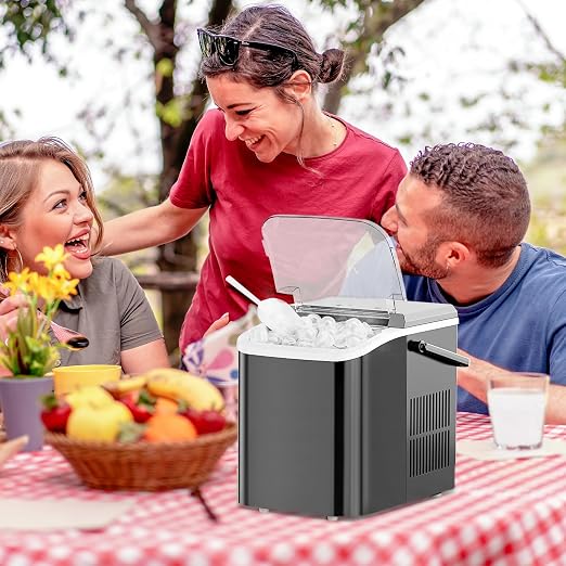 Ice Makers Countertop, Portable Ice Machine with Handle, 6 Mins 9 Bullet Cubes with Basket and Scoop, 26lbs in 24Hrs, Auto-Cleaning, for Home, Kitchen, RV, Camping, Black