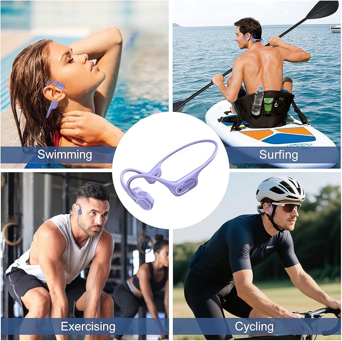 IP68 Waterproof Swimming Headphones, Bone Conduction Bluetooth 6.0 Headphones, Built-in 32GB MP3 Player, Soft Lightweight Open-Ear Design for Swimming Marathons Showers Cycling(Purple