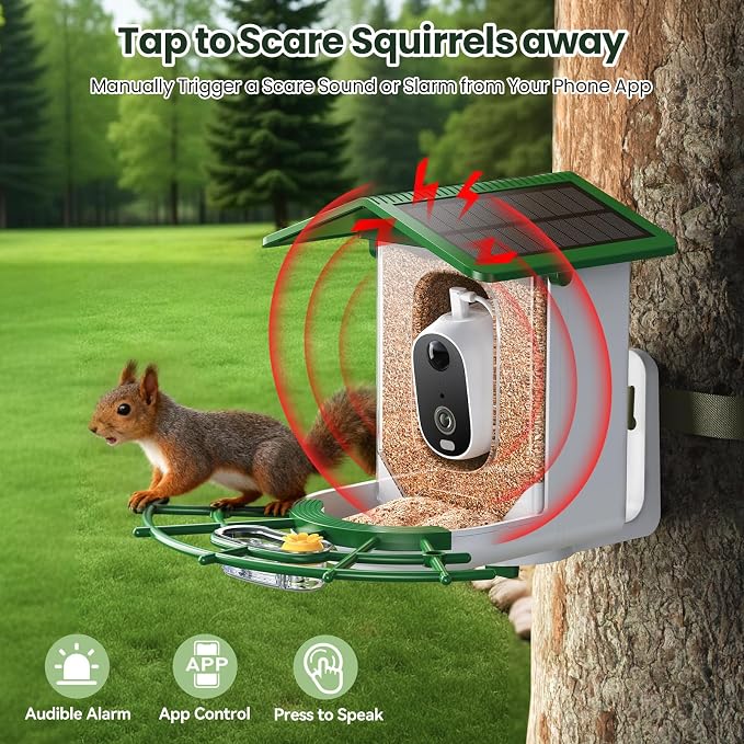 TECKNET Smart Bird Feeder with Camera, 2K UHD Video, AI Bird Species Identification, Instant Arrival Alerts, Solar Powered, Waterproof Birdhouse Camera, Gift for BirdLovers, Family, Green