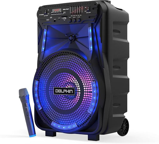 Dolphin 12-Inch Rechargeable Bluetooth Party Speaker – High Power Sound, TWS Compatibility, LED Lights, 5-Band Equalizer, Portable Design with Trolley and Wheels