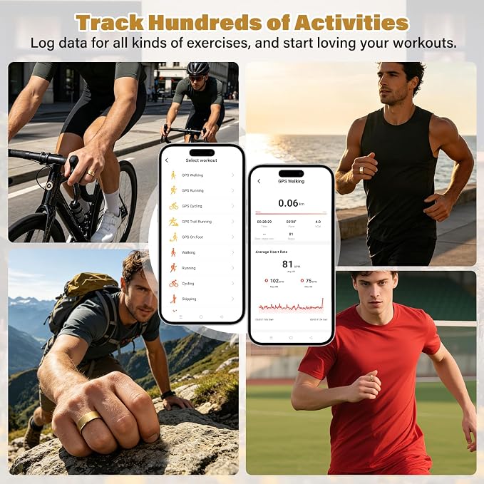 Smart Fitness and Activity Ring for Men and Women – Track Heart Rate, Sleep, Stress, Steps & More, Waterproof Fitness Tracker for iPhone and Android, No Subscription Fee, Gold 11#