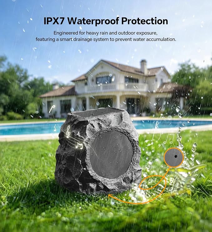 Upgraded Outdoor Rock Speaker 30W Deep Bass Multi-Sync up to 100Pcs, Remote Control, IPX7 Waterproof Solar-Powered Bluetooth Speaker Perfect for Pool, Garden, Patio, Ideal for Music Lovers - 1 Pack