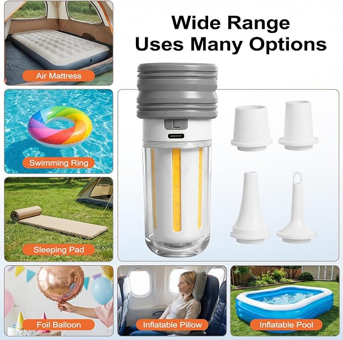 2026 Upgraded Model Portable Air Pump for Inflatables with Camping Light & 2000mAh– Ultra-Fast and 430L/min Mini Electric Air Pump with 5 Nozzles forAir Mattress, Pool Floats, Vacuum Storage Bags