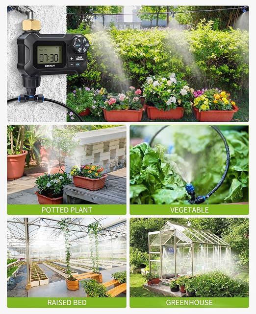 HIRALIY 118FT Drip Irrigation Kit with Water Timer, Quick-Connect Garden Watering System with 30 Adjustable Misting Nozzles, 1/4 in Tubing for Greenhouse, Raised Beds & Hanging Plants