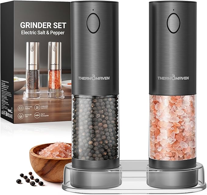 ThermoMaven Electric Salt and Pepper Grinder Set, 110ml Larger Rechargeable Automatic Salt and Pepper Mill Grinder with 6 Adjustable Coarseness, Electric Salt and Pepper Shakers, LED, Gun Grey