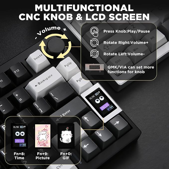 YUNZII AL80 Wireless Mechanical Keyboard,Full Aluminum CNC, Smart LCD Display,Hot Swappable Gasket Mount 75% Layout with Knob,BT/2.4G/USB-C,QMK/VIA Support for Win/Mac (Black, Cocoa Cream V2 Switch)