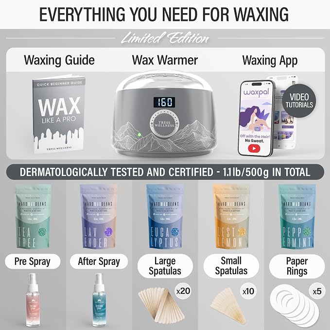 Tress Wellness Award Winning Waxing Kit for Sensitive Skin – Safe for Face & Skin,Easy to Use – At-Home Kit for Face, Bikini, Brazilian & Full Body - Digital Display, Grey Mountain