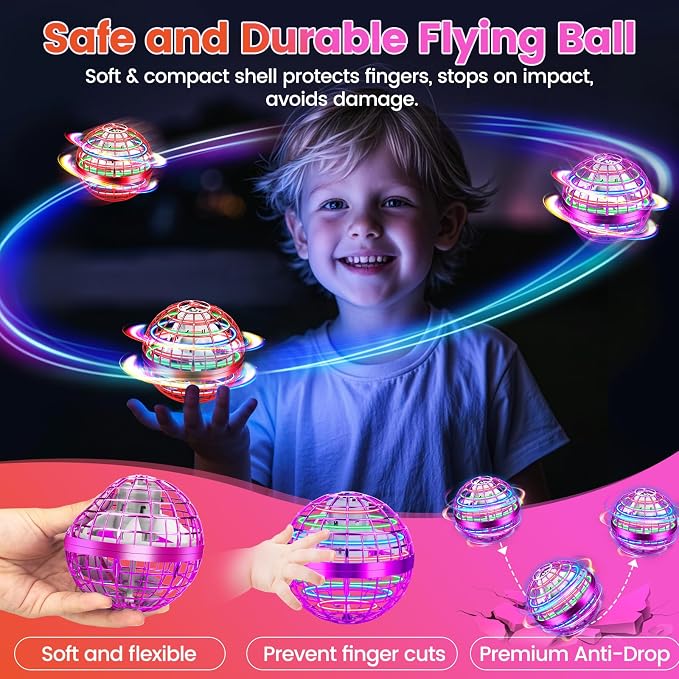 Flying Orb Ball Toy, 2026 Upgrade Hand Controlled Hover Ball with LED Lights, 360° Rotating Boomerang Globe, Cool Mini Drone, Ideal Birthday&Christmas Gift for Boys Girls-Red & Purple