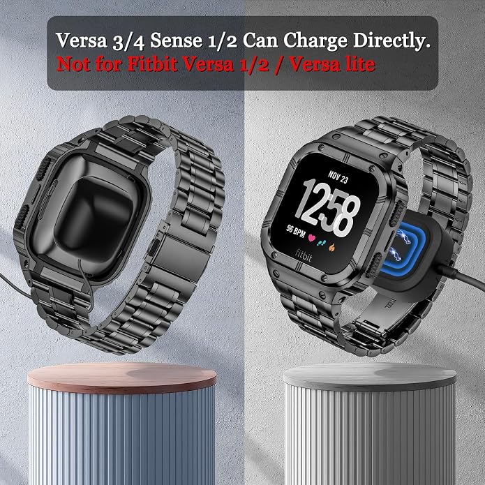 BAITEYOU Stainless Steel Watch Band with Case Compatible for Fitbit Versa/Fitbit Sense Bands, Rugged Protective Bumper Metal Wristbands for Men Women