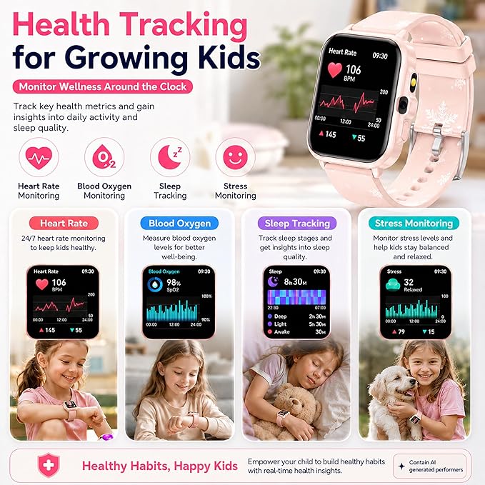 Smart Watch for Kids Boys Age 5-12, Ai Functions Games HD Touch Screen Watches with Video Camera Music Player Pedometer Heart Rate Sleep Tracker Christmas Birthday Gifts for Girls (Pink, 1.85")