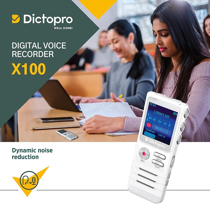 Voice Activated Digital Recorder - Ultra Sensitive Dual Mics, 8GB, 700H Storage, Noise Reduction Dictophone, Portable Audio Recording for Lectures, Meetings, Interviews, Work, Doctors - Dictopro X100