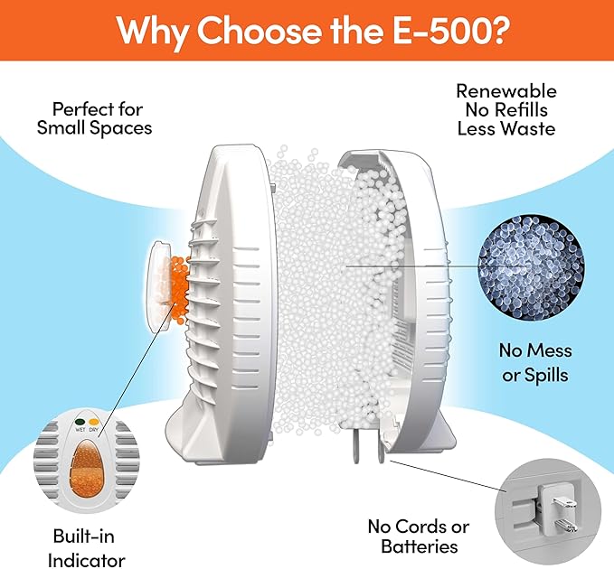 va-Dry E-500 Renewable Silica Gel Dehumidifier 5-Pack — Cordless Operation, Plug-In to Renew | 500 Cu Ft Each | Gun Safe, Closet, Bathroom, Boat, RV | No Batteries | Up to 10 Years