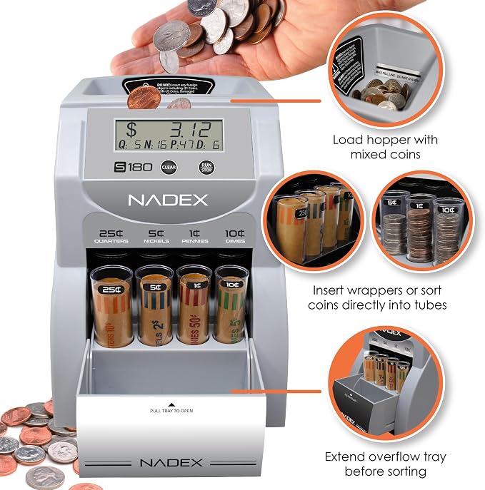 Nadex S180 Digital Coin Sorter and Counter – Displays Total and Denomination Values, Silver
