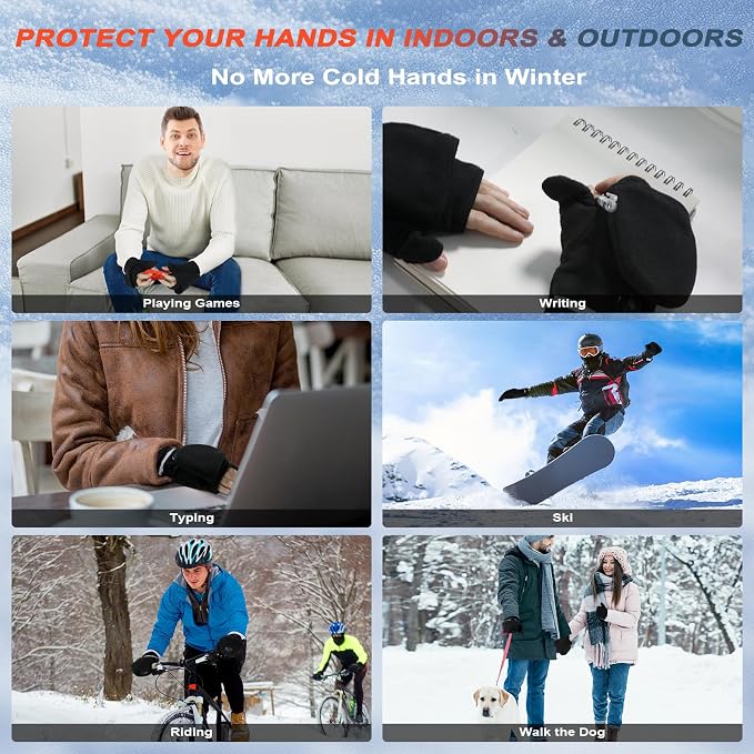 Heated Gloves for Men Women, Rechargeable Full & Half Hands Electric Fingerless Heated Mittens, 5000mAh Rechargeable Battery, 3 Heating Levels, Cold Winter Hand Warmer for Work Cycling Skiing Snow