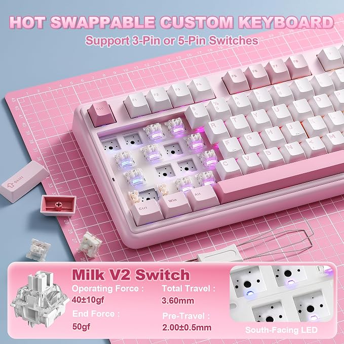 YUNZII B98 PRO QMK/VIA Wireless Mechanical Gaming Keyboard,96% Layout with Numpad and Cute Cat Knob, BT/2.4G/USB-C,Linear Switch Hot Swap Gasket,RGB for Win/Mac (Pink, Milk V2 Linear Switch)