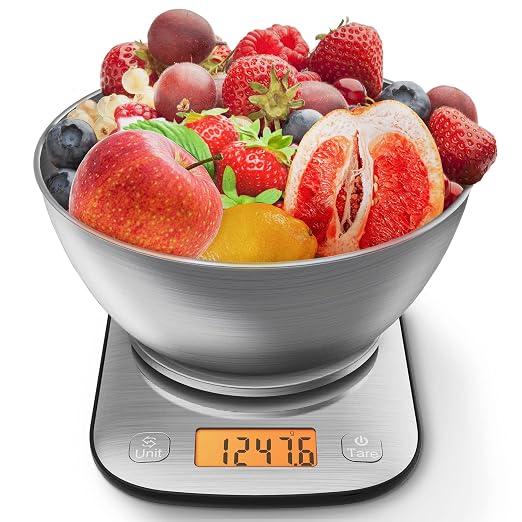 GRAM PRES Food Kitchen Scale Digital Weight Grams and Oz with IPX6 Waterproof，Professional Stainless Steel Digital Kitchen Food Scale 11lb/0.01oz with Bowl for Weight Loss Dieting Baking Cooking