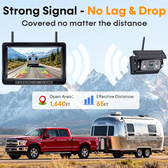HD 1080P Magnetic Wireless Backup Camera: 1-Min Easy Install No Wiring 25H Long Battery Life for Long Travel - 7" Recording Monitor Dual Solar Backup Cameras for RV Trailer Camper Truck