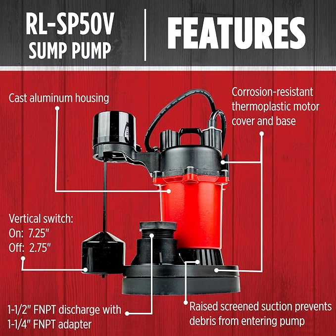 Red Lion RL-SP50V 115-Volt, 1/2 HP, 3523 GPH Aluminum and Thermoplastic Sump Pump with Vertical Switch and 8-Ft. Cord, Red, 14942743