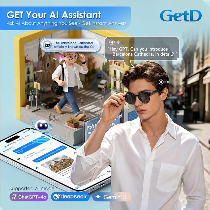 GetD AI Glasses for Men & Women - Blue Tortoiseshell Smart Glasses with 145-Language Translation, Blue Light Blocking, Polarized & Photochromic Lenses,11-Hour Music Play for Travel and Daily Use