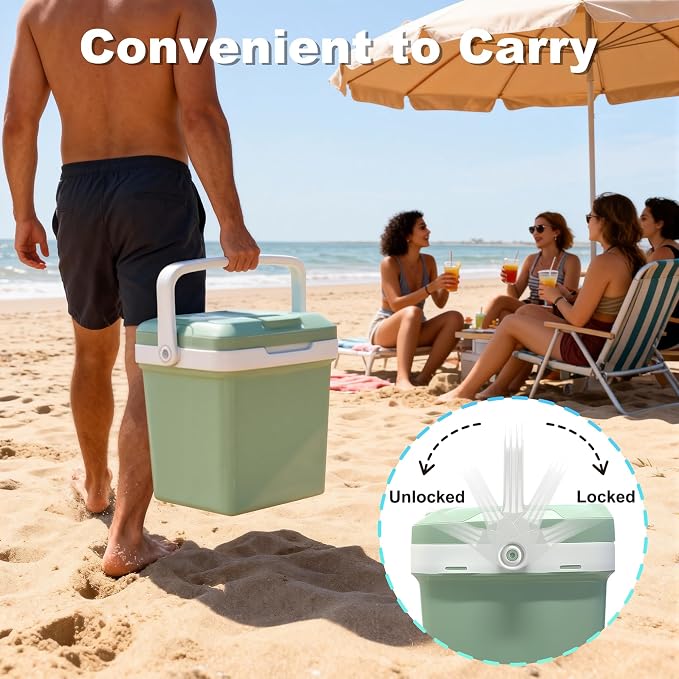 Iceblue Electric Cooler, 26 Liters/28 Cans Mini Fridge with Automatic Locking Handle, 120V AC Home Power Cord & 12V Car Adapter Car Refrigerator, Car Fridge for Home, Car, Gift (Green)