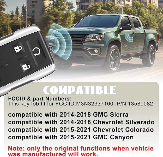 4 Buttons Keyless Entry Remote Key Fob Replacement for 2014-2018 Chevy Silverado GMC Sierra 1500 2500 3500, 2015-2021 GMC Canyon Chevrolet Colorado (1PCS)