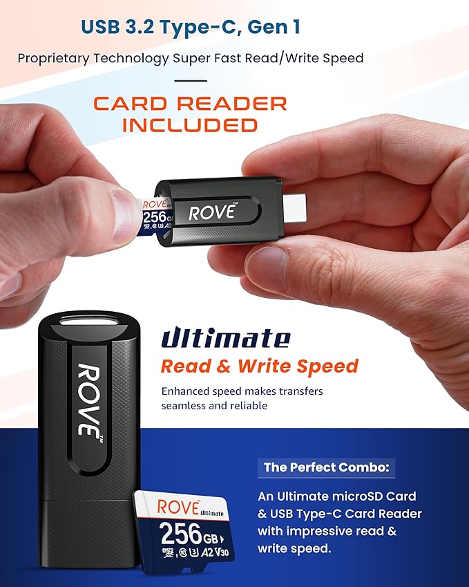 ROVE Ultimate Micro SD Card microSDXC 256GB Memory Card with USB 3.2 Type C Card Reader 512GB 170MB/s C10, U3, V30, 4K, A2 for Dash Cam, Android Smart Phones, Tablets, Games