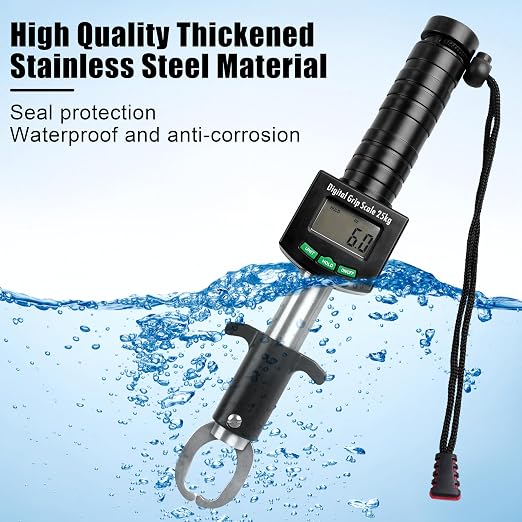 AGOOL Fish Gripper with Digital Fish Scale, 50lb/25kg Loading Capacity Fish Lip Grip Memory Function Fishing Scale Stainless Steel Fish Lip Gripper
