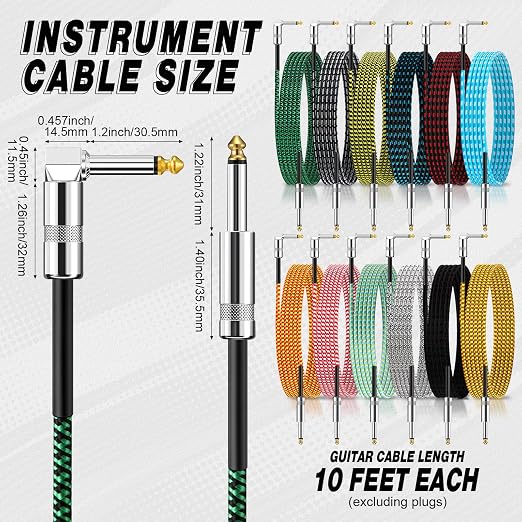 Rigibright 12 Pack 10FT Instrument Cable - Guitar, Bass, Keyboard, Microphone & Mixer Amp Cord (12, Multicolored-Series A)