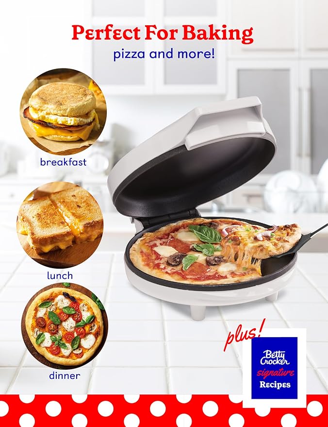 Betty Crocker 8" Travel Pizza Maker Plus, Indoor Electric Grill With Insulated Travel Bag, Nonstick Pan for Pizzas, Quesadillas, Nachos and more, Pizza Machine for Delicious Meals and Snacks, White