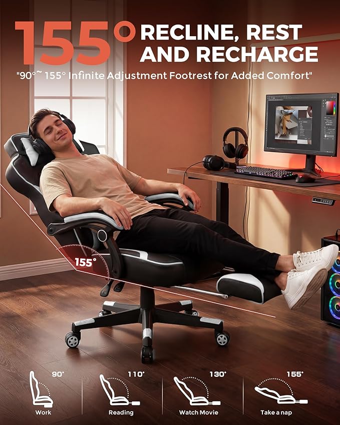 GTPLAYER Gaming Chair with Footrest, Big and Tall Game Chair 350lb Racing Style Computer Chair, Ergonomic Executive Office Chair High Back with Lumbar Support and Recliner, White