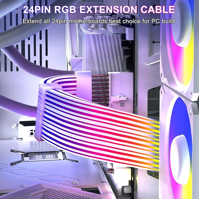 Sirlyr 24 Pin RGB PSU Cables,ARGB PC Cable for Motherboard Power Supply Extension - 5V 3Pin Addressable Four Sides Lighting RGB Strips Decor Computer Case White