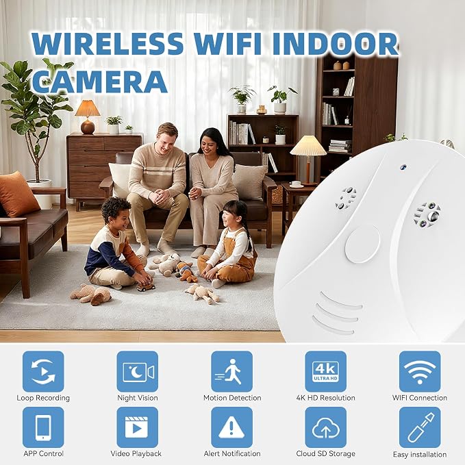 1080P HD Wireless Camera Smoke Detector for Home Security with App Control & Motion Detection,WiFi Indoor Security Camera with Night Vision & Loop Recording for Office,Garage,Shop,Pet