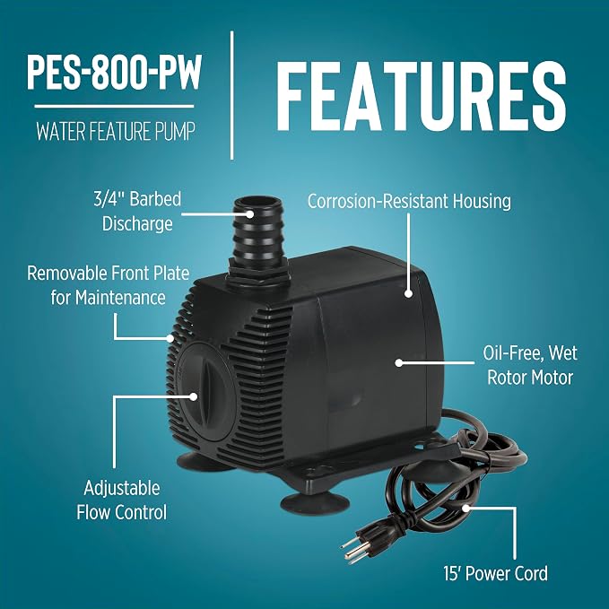 Little Giant PES-800-PW 115-Volt, 875 GPH Magnetic Drive Fountain/Pond Pump with 15-Ft. Cord, Black, 566721
