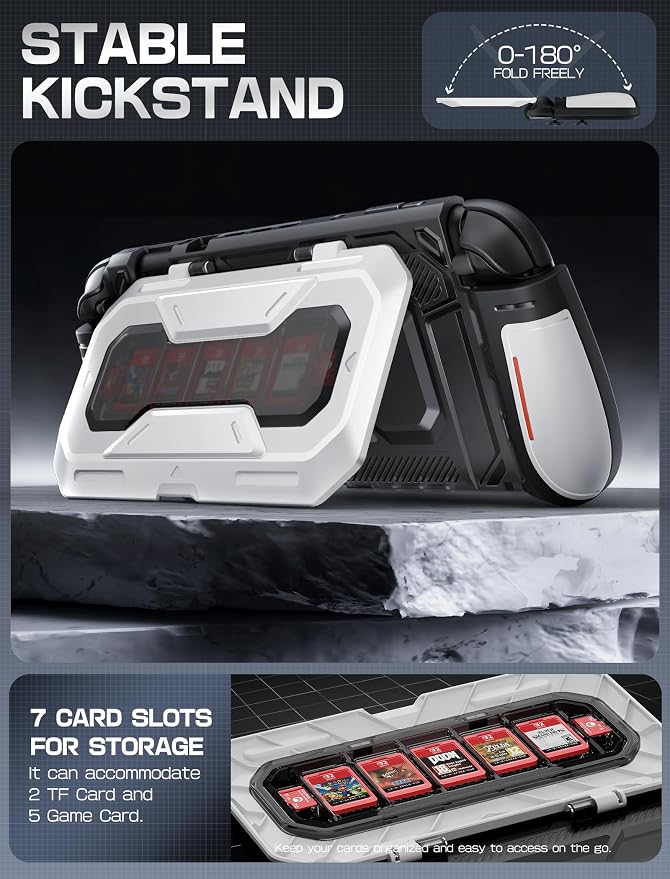 Mumba Dockable for Nintendo Switch 2 Case with Flip Stand, [Titan] Ergonomic Switch 2 Grip Protective Cover Holds 5 Game Cards & 2 TF Cards TPU Accessories and Quick-Release Joy-Con Design(White)