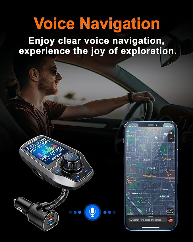 Upgraded Bluetooth 5.3 FM Transmitter for Car, Wireless Radio Adapter Kit W 1.8" Color Display Hands-Free Call AUX in/Out SD/TF Card USB Fast Charging 18W for All Smartphones Audio Players - Pewter