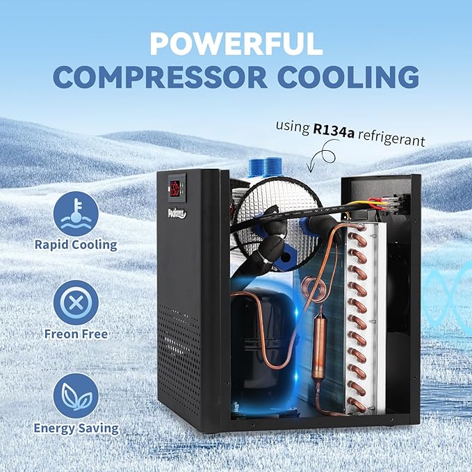 Poafamx Aquarium Chiller 26gal, 1/13 HP Small Water Chiller for Axolotl | Fish Tank Cooler with Quiet Compressor for 20-30 Gallon Saltwater Freshwater Coral Jellyfish Hydroponic 110V