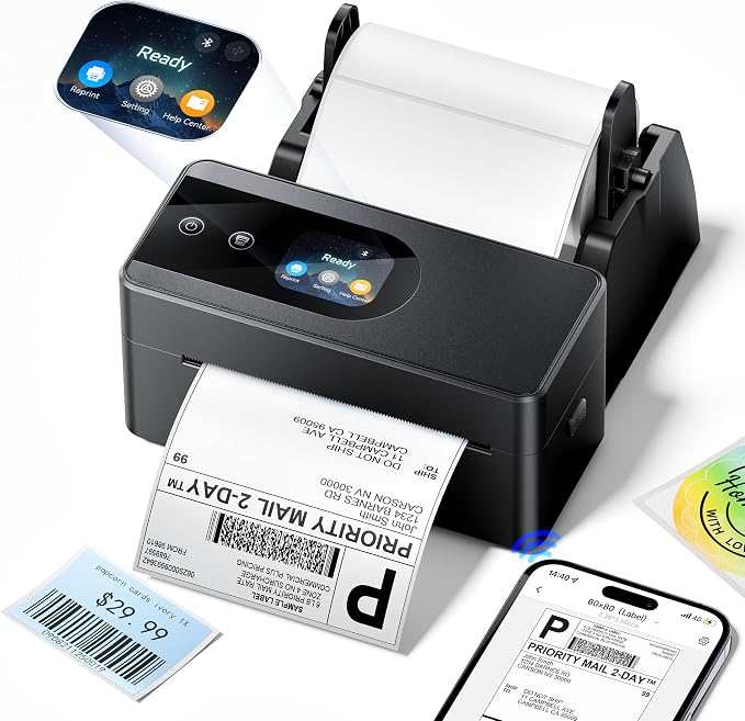 Phomemo Thermal Label Printer Upgraded with Touchable Screen, Shipping Label Printer for Small Business, 4x6 Wireless Thermal Label Printers for Shipping Package, with 4X6 Thermal Labels