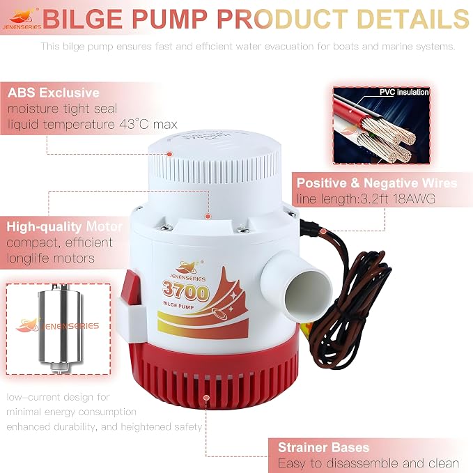 Submersible Boat 3700GPH Bilge Water Pump 12v DC water pump with float switch suitable for ferry, yacht, marine and garden drainage system (3700GPH)
