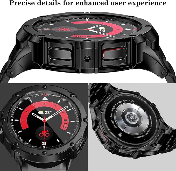 SUPLINK Stainless Steel Case and Bands Compatible with Samsung Galaxy Watch 4 Band/ 5 Bands 44mm, Metal Adjustable Strap for Samsung Watch 5 Band Men, Black