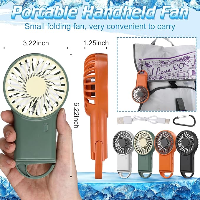 VIHOSE 8 Pcs Portable Hanging Fan, 3 Speeds Personal Rechargeable Desk Hand Held Small Fan with D Metal Hook for Cooling Small Personal Hands Outdoor Travel (White,Orange,Dark Green,Black)