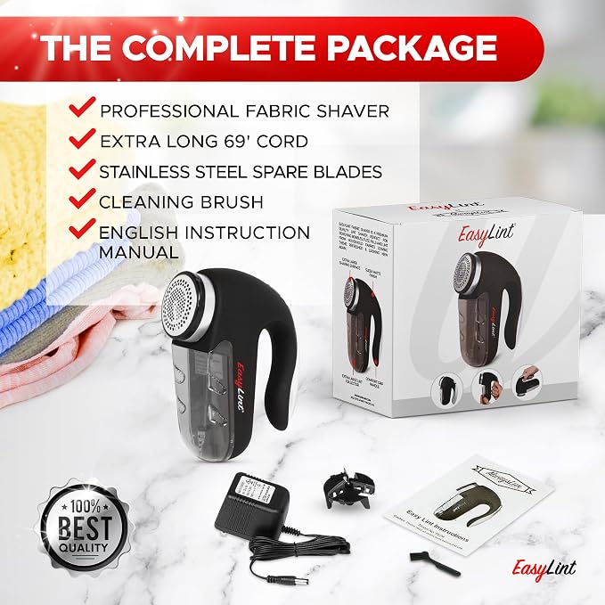 EasyLint Professional Fabric Shaver + One Pack Replacement Blades Bundle: Electric Lint Remover Fabric Shaver: Remove Fuzz, Bobbles & Pills from Sweaters, Clothes, Couch and Furniture.
