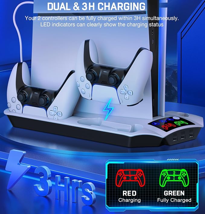PS5 Slim Stand and Turbo Cooling Station with Controllers Charger Station for Playstation 5, PS5 Pro Console Accessories with 3 Levels Cooling Fan 13-Game Organizer Headset Holder for PS5 Digital/Disc