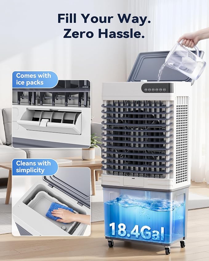 Swamp Cooler Air Conditioner, Portable Evaporative Cooler 18 Gal Water Tank | 4000 CFM, 120° Oscillation, 3 Speeds&Modes,12H Timer, Remote&Touch, 4 Ice Packs, for Garage, Large Room, Dry Climate