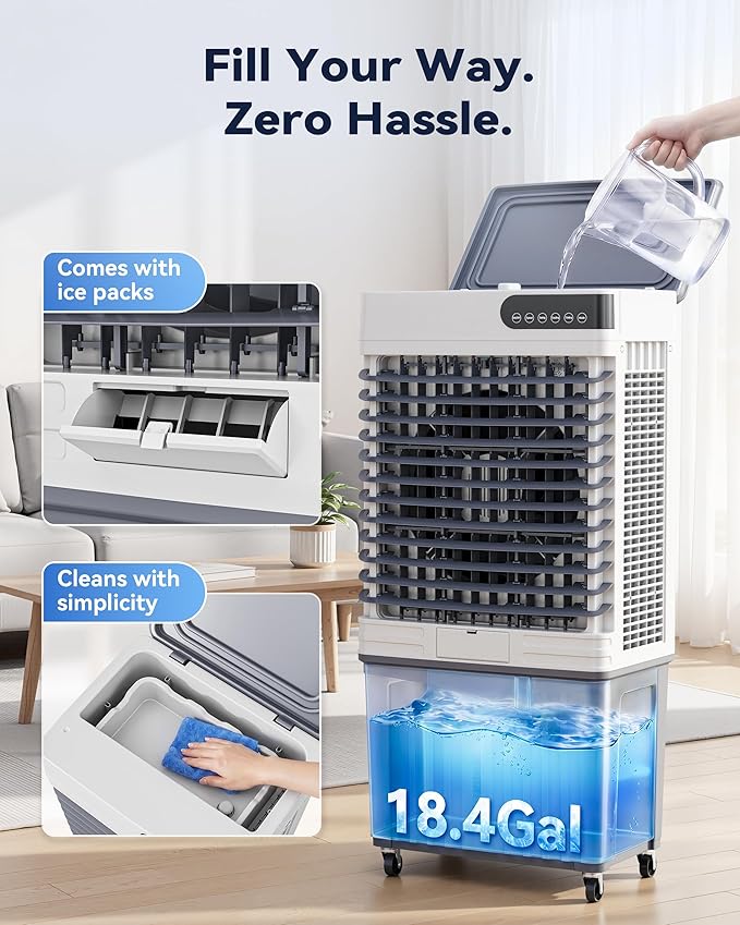 Swamp Cooler Air Conditioners, Large 18.5-Gal Tank for 7d Cooling, 4-IN-1 Portable Evaporative Cooler with LED Touch Screen, 3 Fan Speeds,12H Timer and Remote, 1000 sq ft, Ideal for Large Rooms